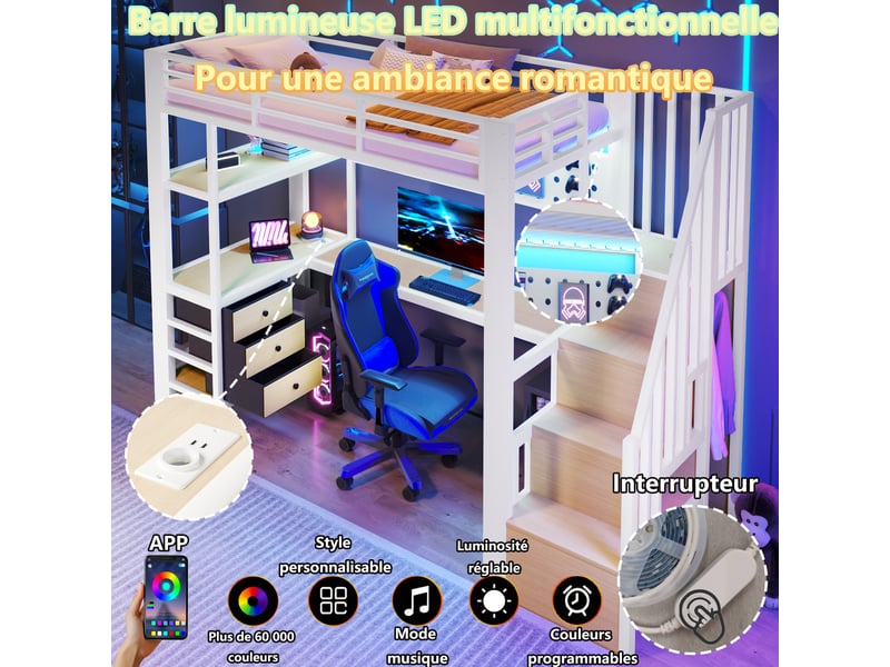  Lit mezzanine 90 × 200 cm 1 place avec 3 tiroirs, étagères, bureau, prise et led réglable, sans matelas, blanc  - Conforama B