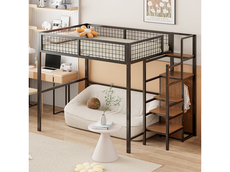 Lit superposé métal noir 140x200 cm – échelle et étagère de rangement – sans matelas - Conforama B
