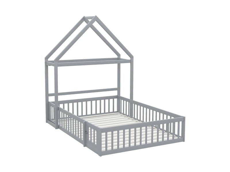  Lit cabane enfant 140x200 - avec barrière de sécurité - lit enfant - bois massif, gris, sommier à lattes, rangement  - Conforama E