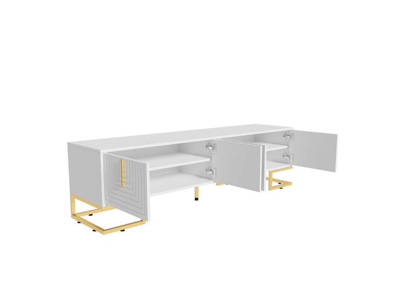  Meuble tv 4 portes avec rangement et fermeture douce pour salon 170×40×45,5 cm en panneaux de particules blanc  - Conforama D