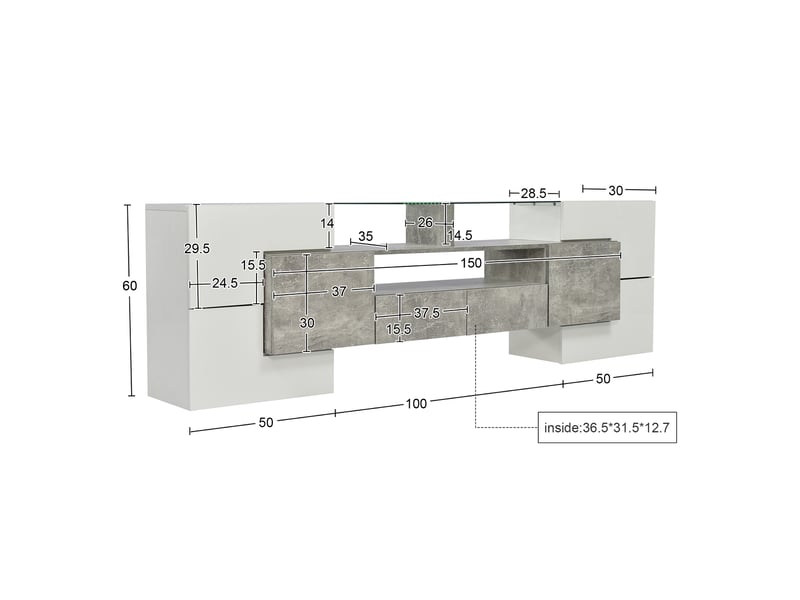  Meuble tv 200 cm blanc brillant et béton avec led multicolore  - Conforama C