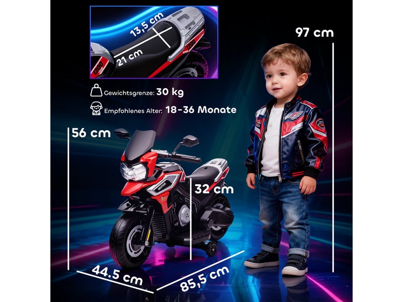  Moto électrique pour enfants de 18 à 36 mois, porteur, stabilisateurs, lumières, musique, plastique, acier, rouge  - Conforama E