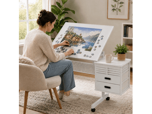 Table de puzzle inclinable 1500 pièces avec 4 plateaux, 2 tiroirs et roulettes, blanche