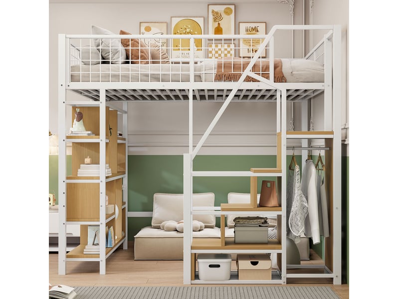 Lit mezzanine 140x200 cm avec escalier et rangements coloris blanc  - Conforama E