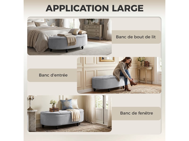  Banc de rangement, coffre de rangement design capitonné demi-cercle bout de lit avec revêtement velours, pieds en bois d'hévéa, pour salon, chambre, entrée, gris, 120 x 46 x 42 cm  - Conforama W