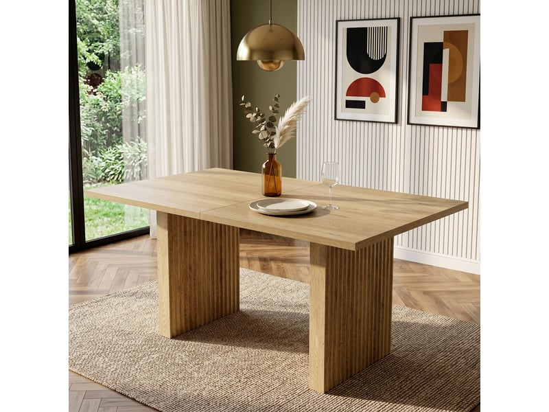  Table à manger extensible 140200 cm pour 6-8 personnes, table de cuisine rectangulaire avec plateau épais 3 cm, pieds rainurés, style contemporain effet bois chêne  - Conforama B
