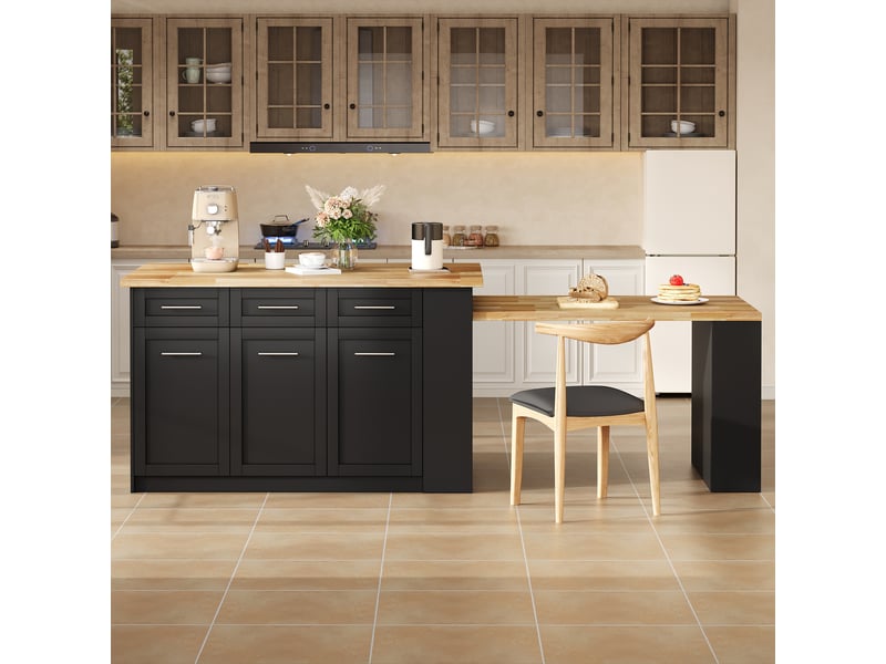  Îlot central avec table escamotable 150 cm, îlot de cuisine noir et bois, meuble de rangement mdf style européen  - Conforama E