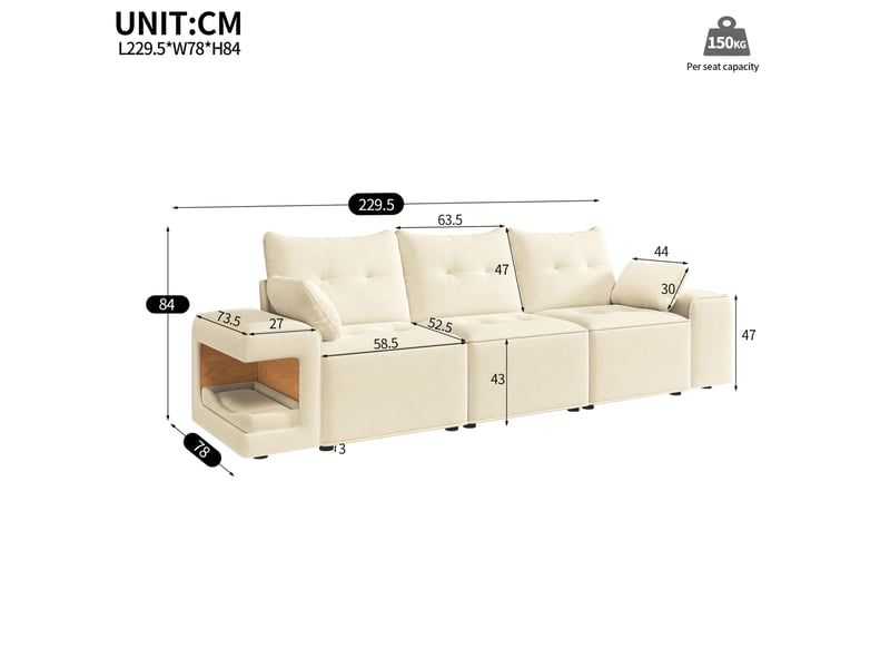 Canapé modulaire 3 places 229,5 x 78 cm – beige – rangement intégré - Conforama C
