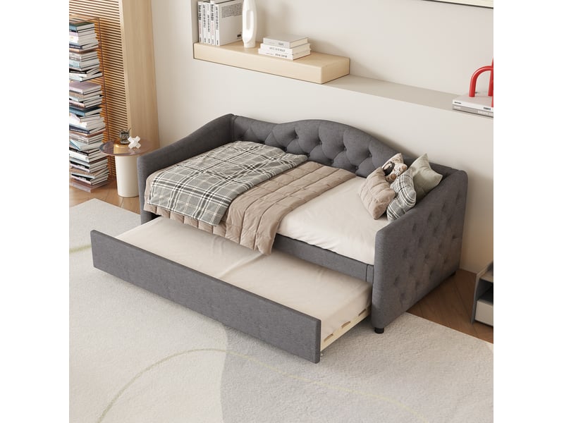  Lit gigogne jeune 90x200 cm avec lit tiroir gain de place, tissu en lin et en mdf, gris, style minimaliste et moderne  - Conforama E