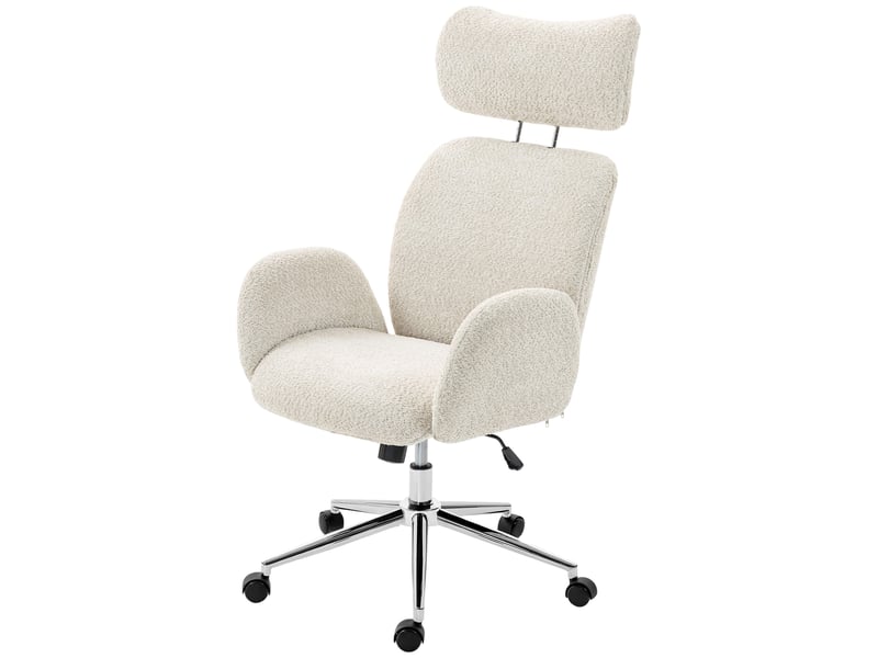  Fauteuil de bureau pivotant en bouclé avec appui-tête. Hauteur réglable, fonction bascule, gris clair et blanc.  - Conforama B