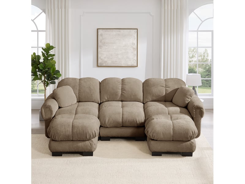  Canapé 3 places style u 260x149x90 cm, matelassée, 2 coussins déco, pouf déplaçable, tissu en chenille, marron  - Conforama B