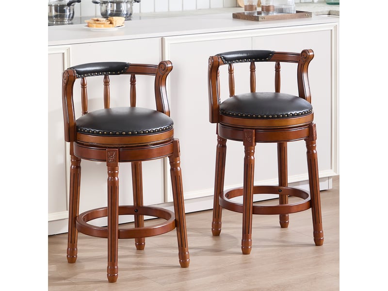 Tabouret de bar pivotant 360° 55x55x86 cm assise en similicuir véritable, piètement en bois, dossier courbé, repose-pieds, finition noire - Conforama B