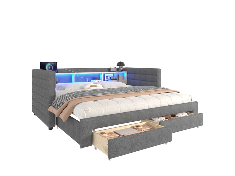  Lit de jour velours gris 90x190 cm avec lit gigogne extensible, éclairage led, tiroirs de rangement et ports usbtype-c  - Conforama A