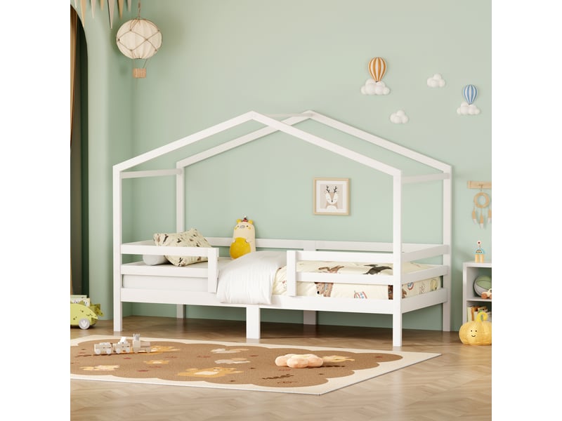 Lit cabane 90x200 cm, structure en pin massif, coloris blanc, ports usb et usb-c, garde-corps, design cabane, sommier à lattes inclus, cadre stable - Conforama B