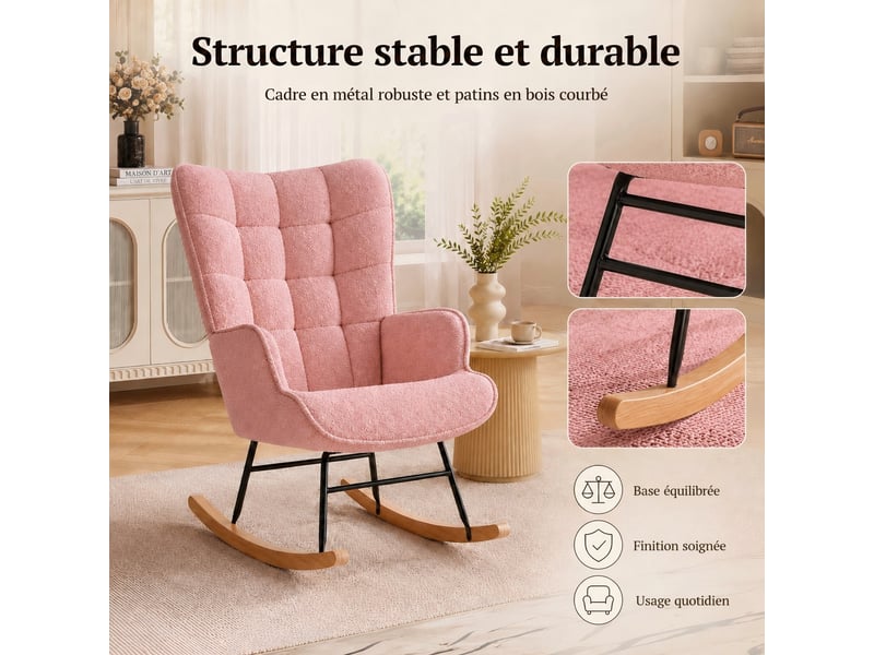  Kefsr fauteuil à bascule teddy rose avec dossier carreauté, rocking chair moderne en polaire douce, structure métal robuste et patins bois, fauteuil relax pour salon chambre lecture, 75x68x92cm  - Conforama D