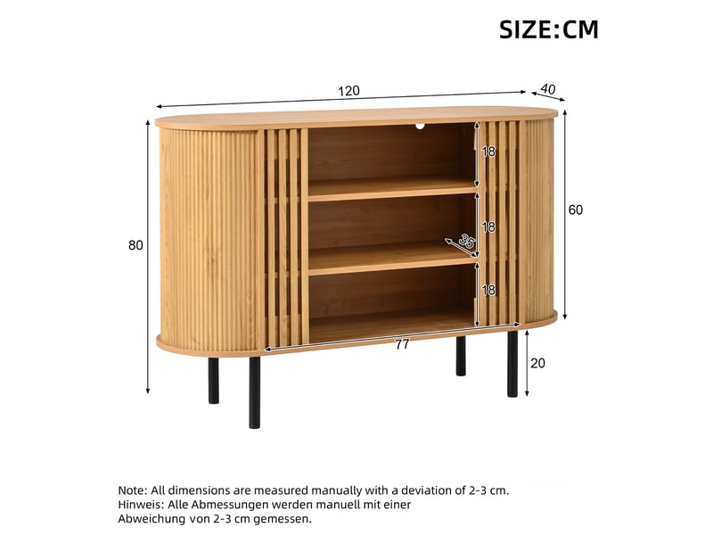  Buffet bas 120x40x80 cm avec rangements ouverts, 3 compartiments, pieds métalliques réglables, meuble salon salle à manger en mdf - naturel  - Conforama C