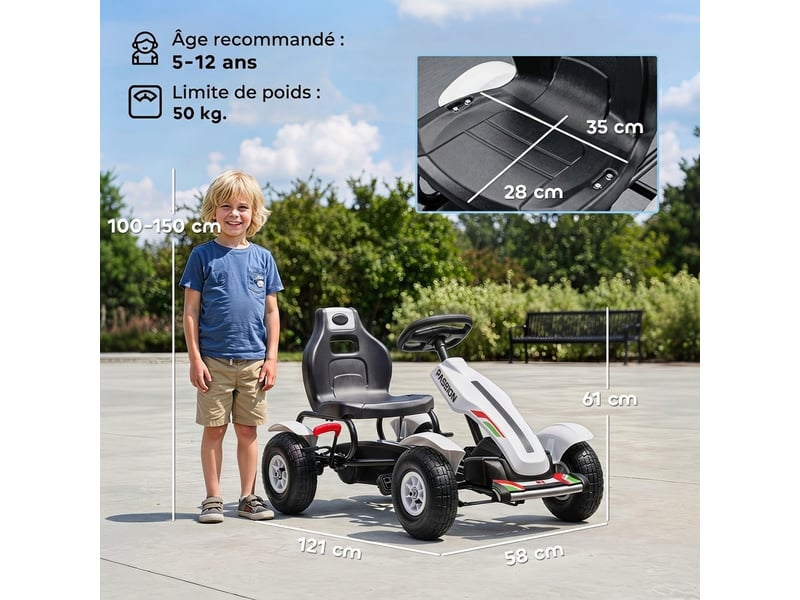  Kart à pédales pour enfant siège réglable 3 positions frein à main enfant de 5 à 12 ans blanc noir  - Conforama E