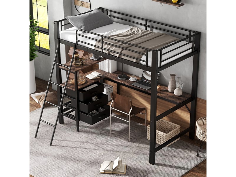  Lit mezzanine 90 × 200 cm avec bureau 2 m et 3 tiroirs, noirnoyer foncé IKSETERA TRADING LTD - Conforama B