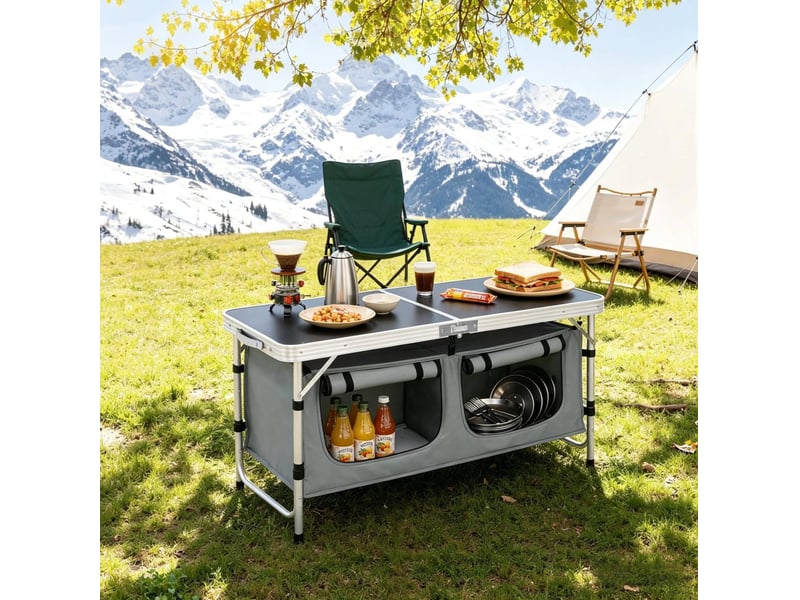 Table de camping pliante 120x47 cm – noir et gris – hauteur réglable 6269,5 cm avec sac suspendu pratique - Conforama B
