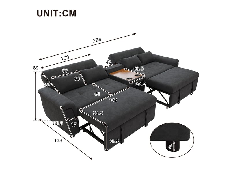  Canapé panoramique modenvie convertible 4 places en chenille gris foncé 284 x 138 x 89 cm  - Conforama C
