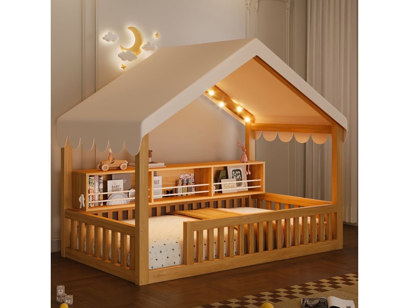  Lit cabane enfant 90 × 200 cm 1 place avec éclairage led, étagère et barrières, sans matelas, en bois, naturel  - Conforama C