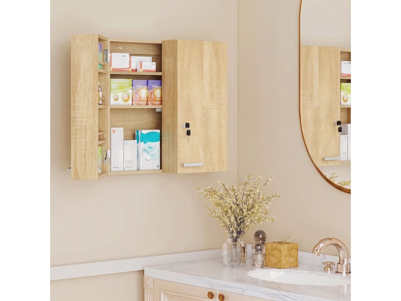  Armoire à pharmacie murale, armoire à médicaments avec double porte verrouillable 2 clés, 53x20x53cm, chêne  - Conforama C