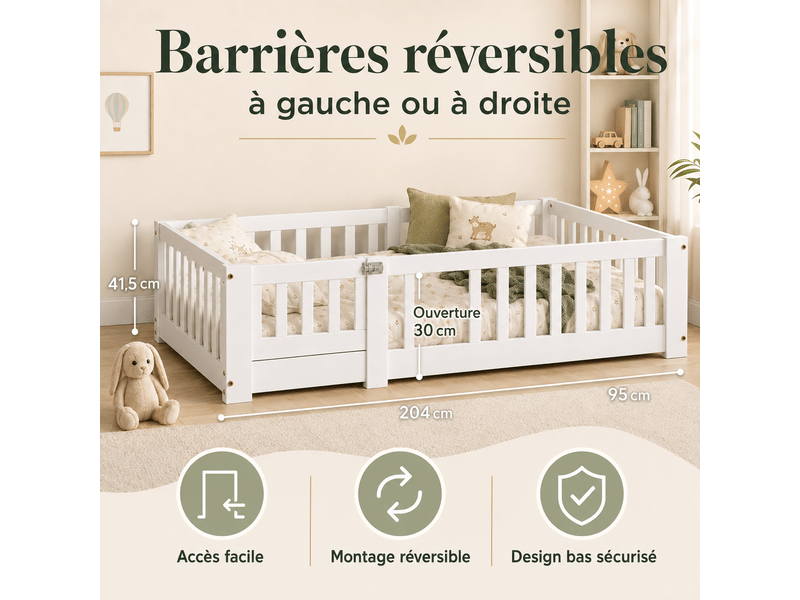  Lit au sol 90x190 cm, lit enfant montessori avec barrière de sécurité et sommier, bois massif pin, lit simple cabane 1 place, blanc  - Conforama D