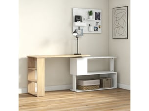 Bureau d'angle bureau informatique modulable bibliothèque intégrée + étagère 3 niveaux blanc et bois naturel