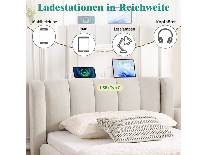  Lit enfant 90x200 cm avec tiroirs de rangement et port usb-tête de lit rembourrée en chenille-sommier à lattes-beige  - Conforama E