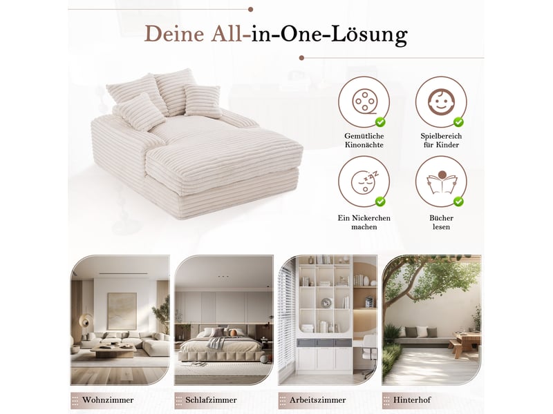  Méridienne 165x135x58 cm multifonctionnelle avec 4 coussins beige  - Conforama D