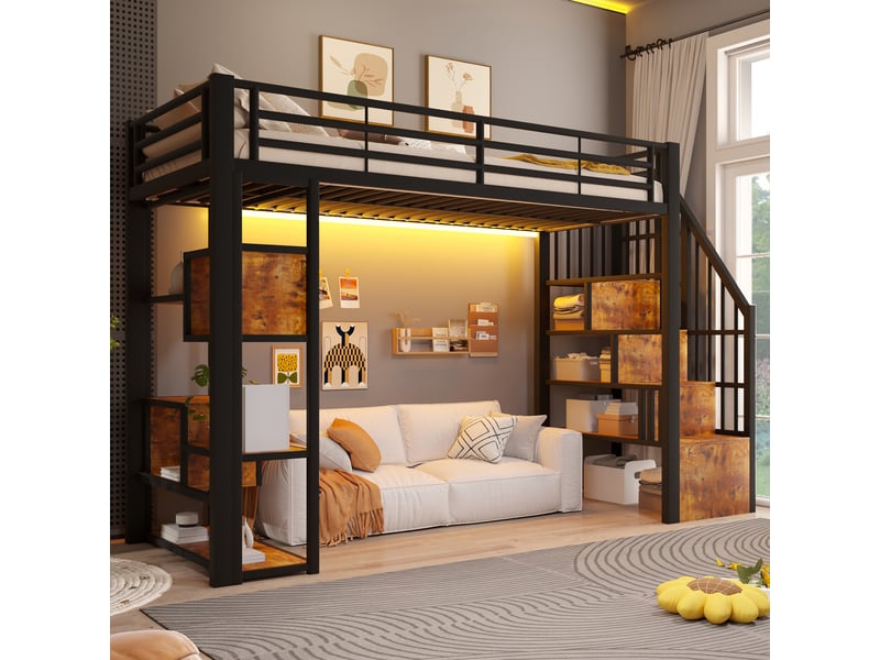  Lit mezzanine 90 x 200 cm sans matelas, métal et mdf, led, étagères, échelle, noir pour chambre  - Conforama D