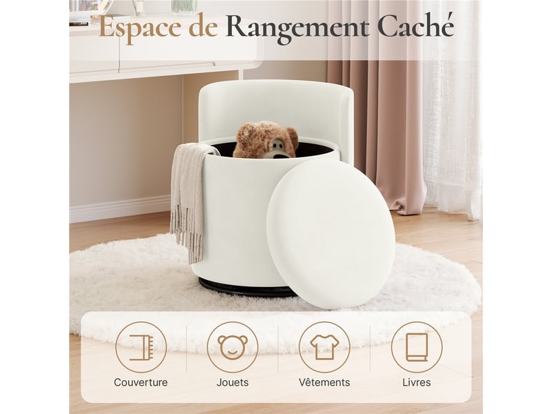  Chaise tabouret de coiffeuse pivotant à 360° en velours avec coffre de 40 l et dossier ergonomique 594025 White - Conforama E