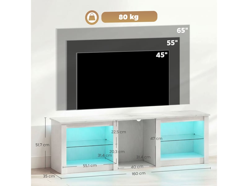  Meuble tv avec éclairage led pour télévision jusqu'à 70 pouces, blanc, 160cm avec étagères en verre réglables  - Conforama C