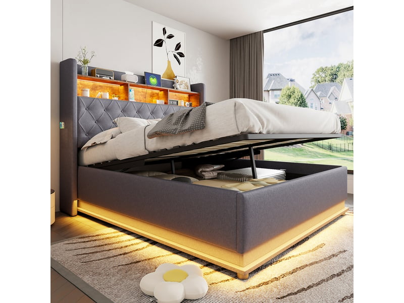  Lit coffre gris 160x200 cm – led, usb, sommier hydraulique et tête capitonnée  - Conforama B