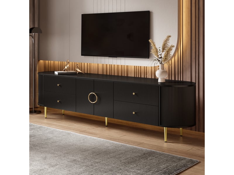 Meuble tv 180x40x53 cm - meuble bas à façade ondulée 3d, bords arrondis, passe-câbles, poignées aluminium, pieds en fer, mdf - noir  - Conforama D