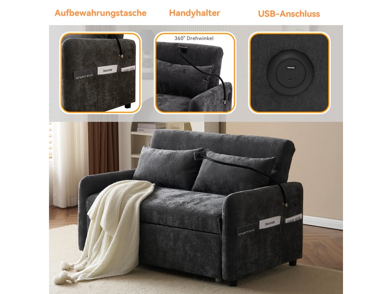 Canapé double, canapé lit 111x163cm, lit convertible, dossier réglable, support de téléphone, charge, velours gris foncé, coussins inclus - Conforama C