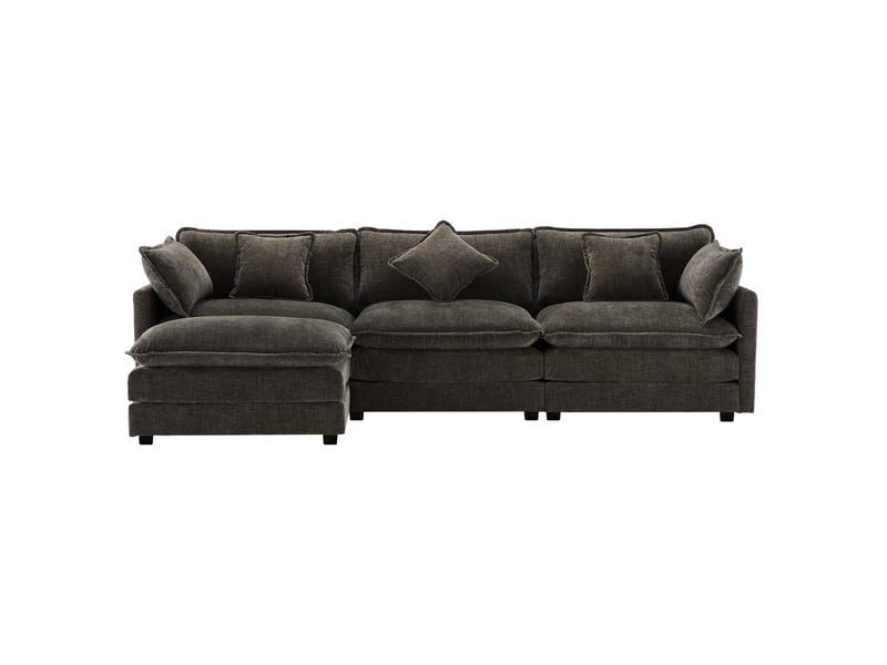  Canapé d'angle réversible 3 places avec pouf mobile et coussin lombaire, en chenille gris foncé 283 × 147 × 84 cm  - Conforama A