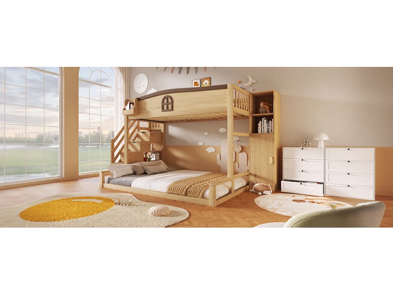  Lit superposé 90 × 200 140 × 200 cm, escalier de rangement et armoire, bois naturel  - Conforama B