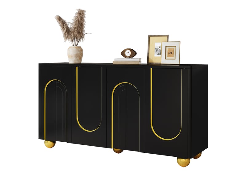  Buffet 4 portes 140x40x74 cm avec décor arche doré, mdf et panneaux de particules noir  - Conforama A