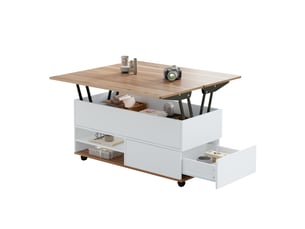 Table basse relevable 100x98x65 cm avec tiroir, portes et roulettes, panneau de particules, blanc et bois naturel
