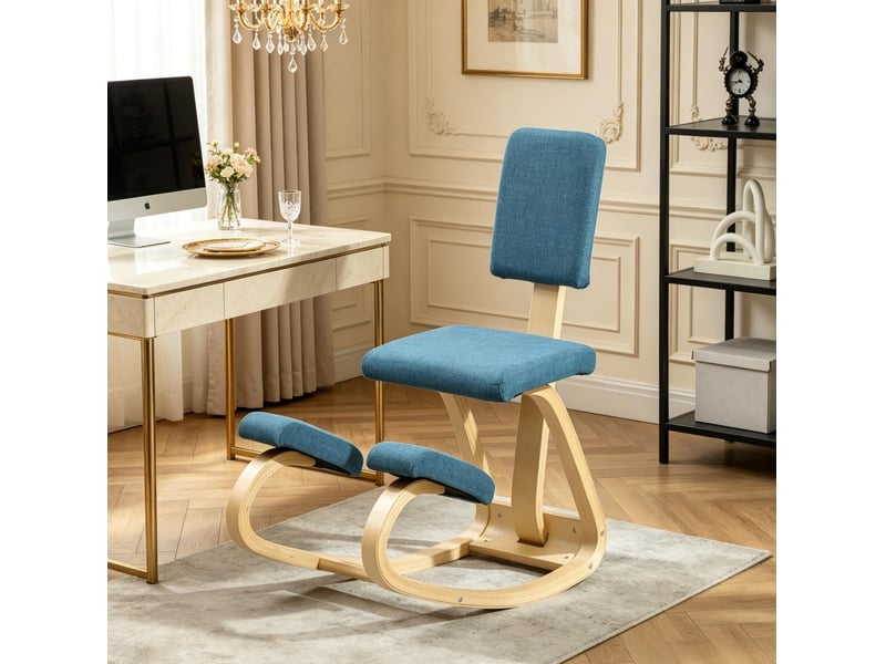 Chaise à genoux à bascule avec dossier en bois de bouleau et tissu bleu foncé - Conforama D