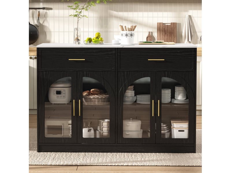 Desserte de cuisine led avec 2 tiroirs, portes vitrées et étagères réglables, pour cuisine, mdf noir, 135 × 55 × 91 cm - Conforama B