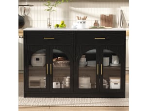 Desserte de cuisine led avec 2 tiroirs, portes vitrées et étagères réglables, pour cuisine, mdf noir, 135 × 55 × 91 cm