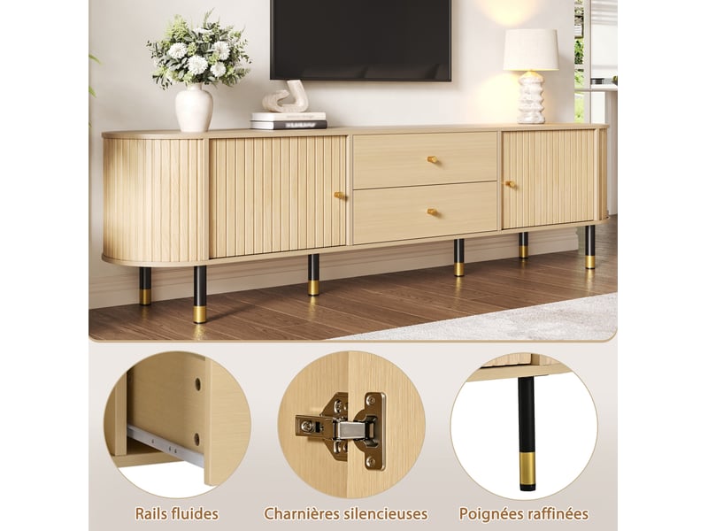  Meuble tv modenvie 180 x 40 x 58 cm avec 2 tiroirs et portes coulissantes finition bois naturel  - Conforama E