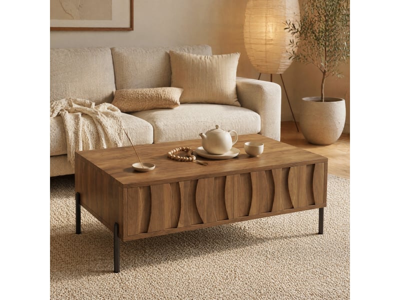  Table basse avec 2 tiroirs de rangement - lpospi - façades ondulées style rétro, pieds en métal, mdf et panneaux de particules naturel 105 × 55 × 41 cm  - Conforama B