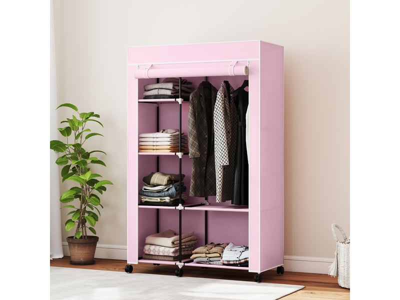  Armoire en tissu à roulettes, armoire portable avec 6 étagères et 1 tringle à vêtements pour la chambre, 103 x 43 x 162,5 cm, rose  - Conforama D