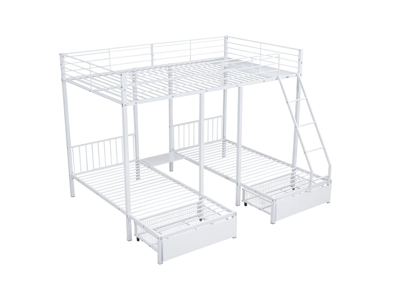  Lit étage triple convertible 140 x 200 cm et deux 90 x 200 cm, structure métal, rangements, blanc  - Conforama A