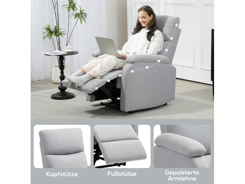  Fauteuil relax avec dossier inclinable et repose-pieds manuel, en polyester gris pour salon, charge 150 kg  - Conforama E