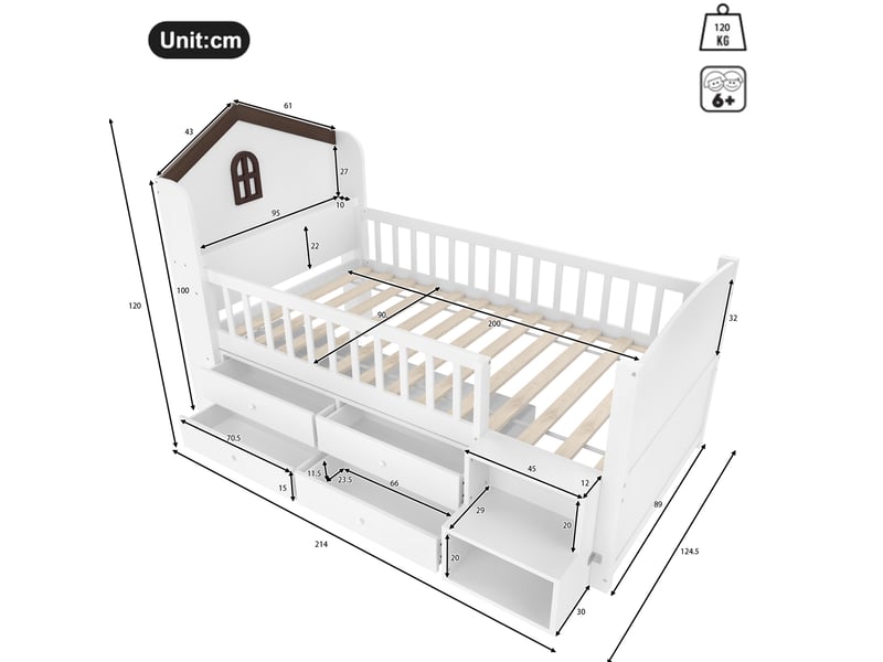  Lit enfant mi-hauteur 90x200 cm avec 4 tiroirs et led blanc  - Conforama C