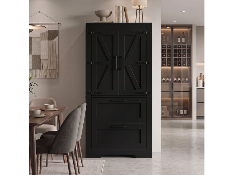  Buffet de cuisine 60x30x128 cm style campagne, 2 tiroirs, noir  - Conforama D